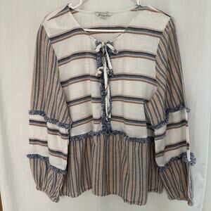 American Eagle Peasant Blouse Striped Boho Pull Over Top Loop Fringe Womens XL